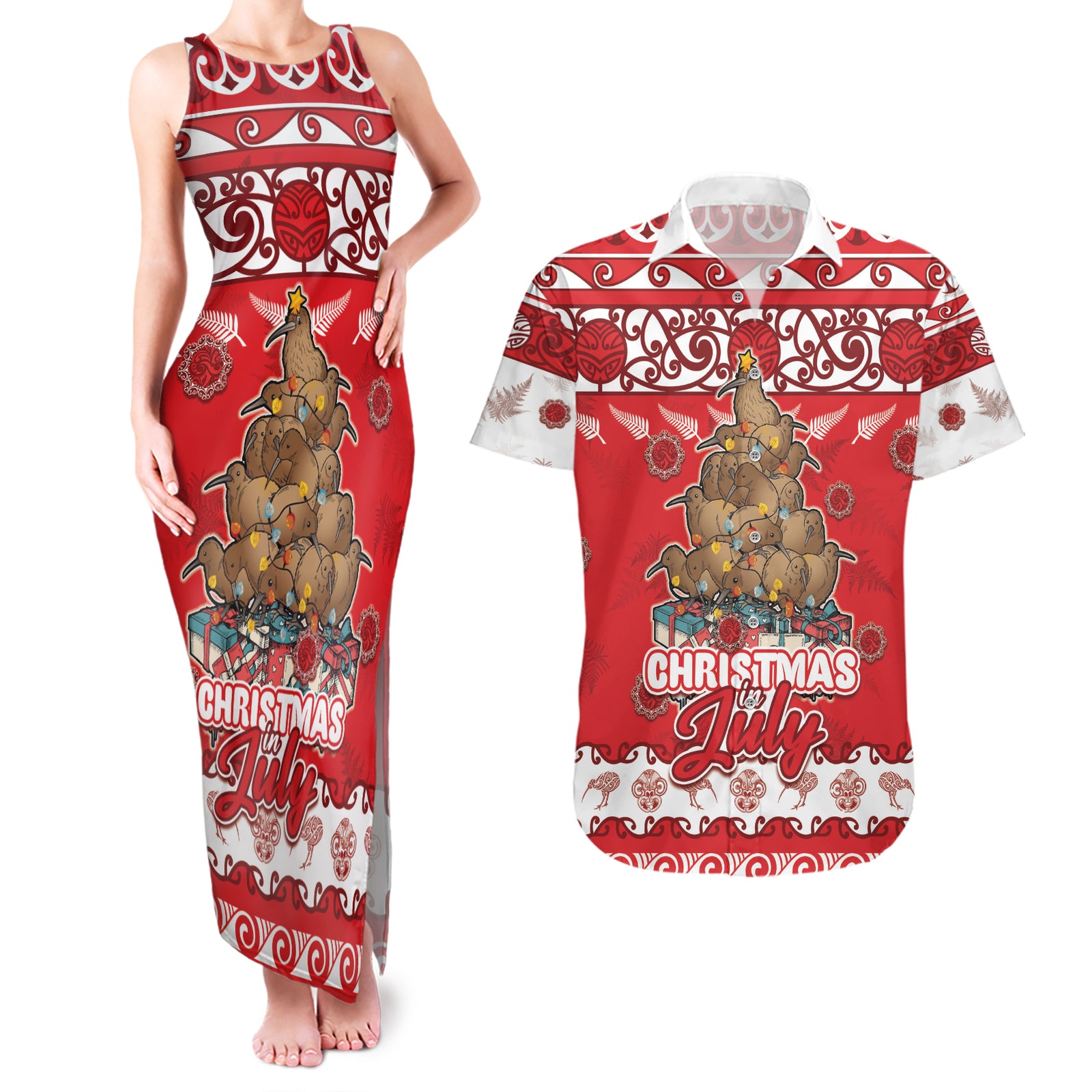 Personalised New Zealand Christmas In July Couples Matching Tank Maxi Dress and Hawaiian Shirt Maori Kiwi Xmas Tree - Red