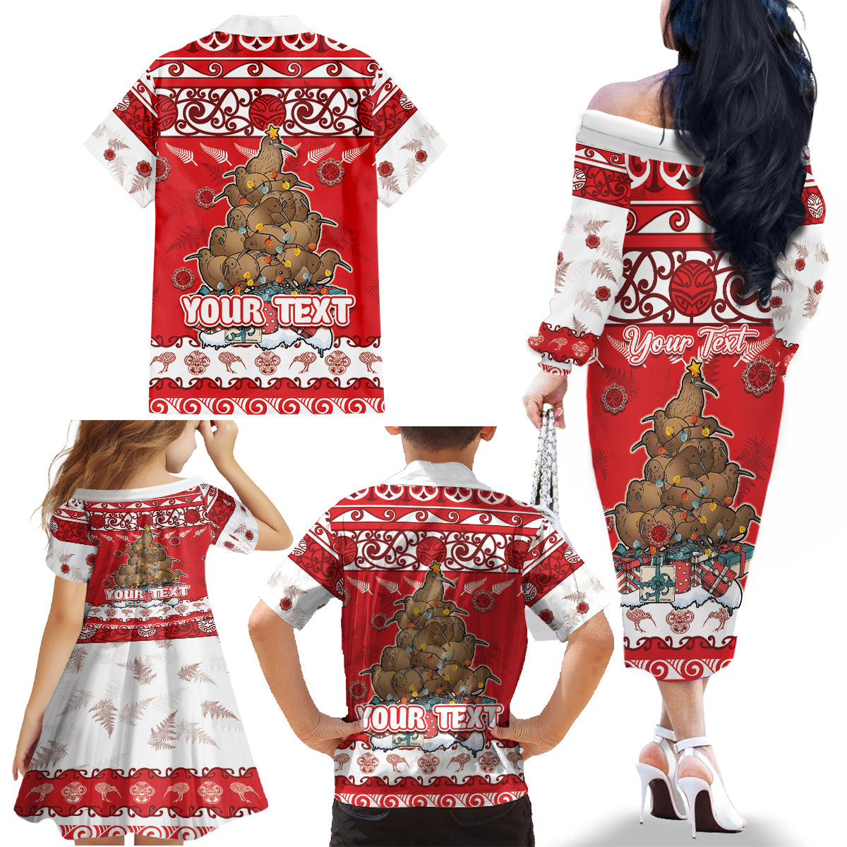 Personalised New Zealand Christmas In July Family Matching Off The Shoulder Long Sleeve Dress and Hawaiian Shirt Maori Kiwi Xmas Tree - Red