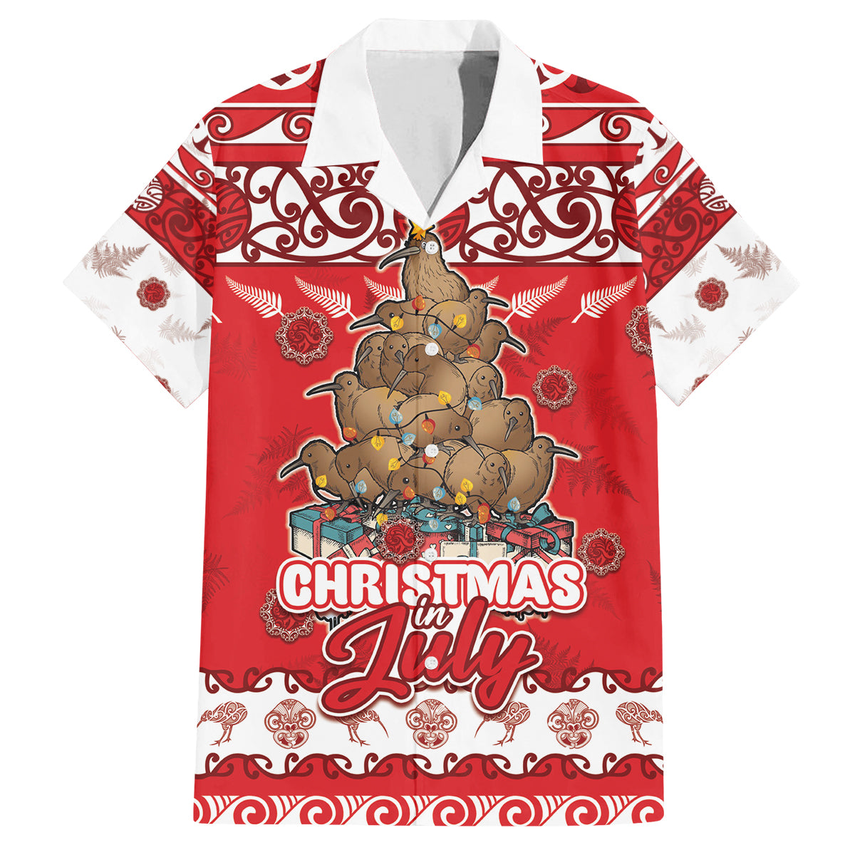 Personalised New Zealand Christmas In July Family Matching Off The Shoulder Long Sleeve Dress and Hawaiian Shirt Maori Kiwi Xmas Tree - Red