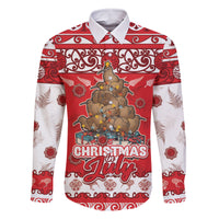 Personalised New Zealand Christmas In July Family Matching Off The Shoulder Long Sleeve Dress and Hawaiian Shirt Maori Kiwi Xmas Tree - Red