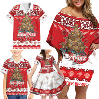 Personalised New Zealand Christmas In July Family Matching Off Shoulder Short Dress and Hawaiian Shirt Maori Kiwi Xmas Tree - Red