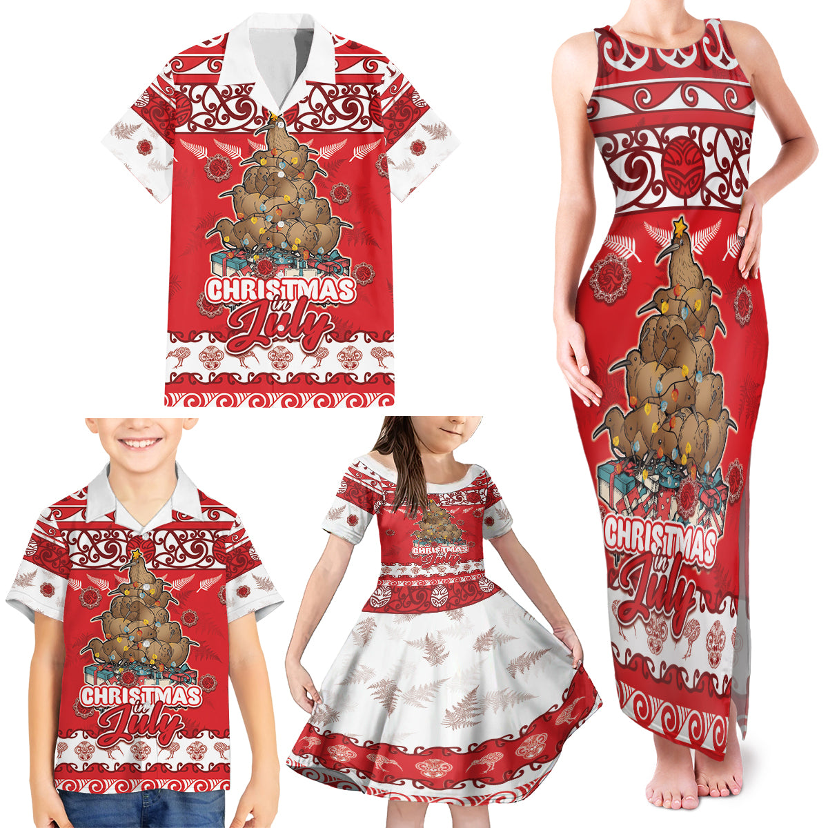 Personalised New Zealand Christmas In July Family Matching Tank Maxi Dress and Hawaiian Shirt Maori Kiwi Xmas Tree - Red