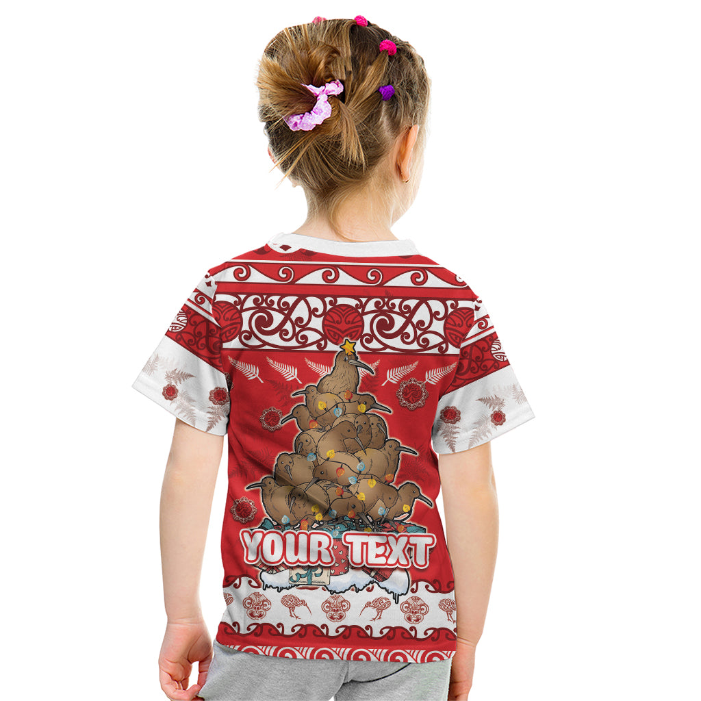 Personalised New Zealand Christmas In July Kid T Shirt Maori Kiwi Xmas Tree - Red