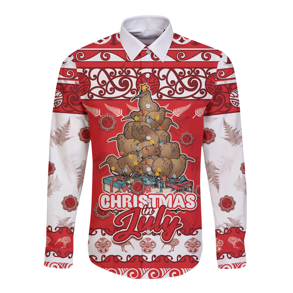 Personalised New Zealand Christmas In July Long Sleeve Button Shirt Maori Kiwi Xmas Tree - Red
