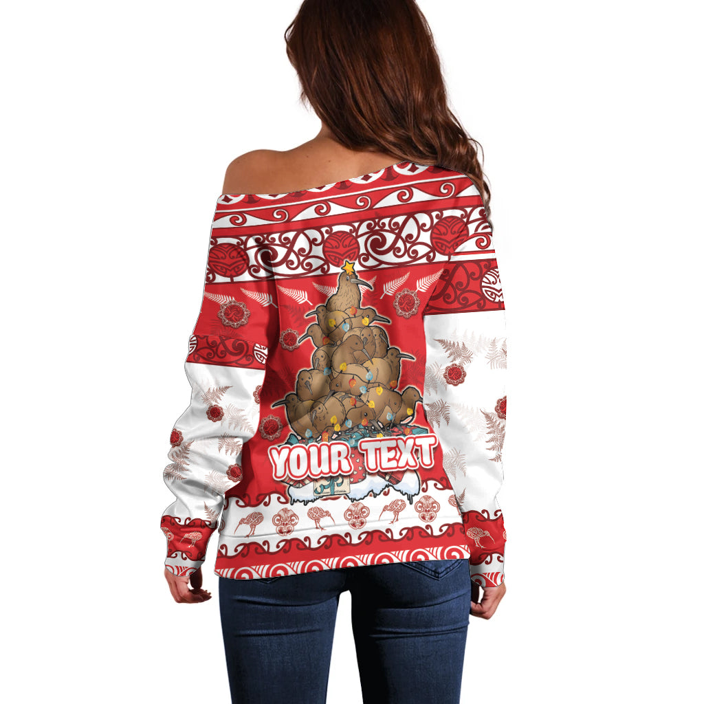 Personalised New Zealand Christmas In July Off Shoulder Sweater Maori Kiwi Xmas Tree - Red