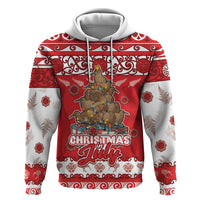 Personalised New Zealand Christmas In July Zip Hoodie Maori Kiwi Xmas Tree - Red