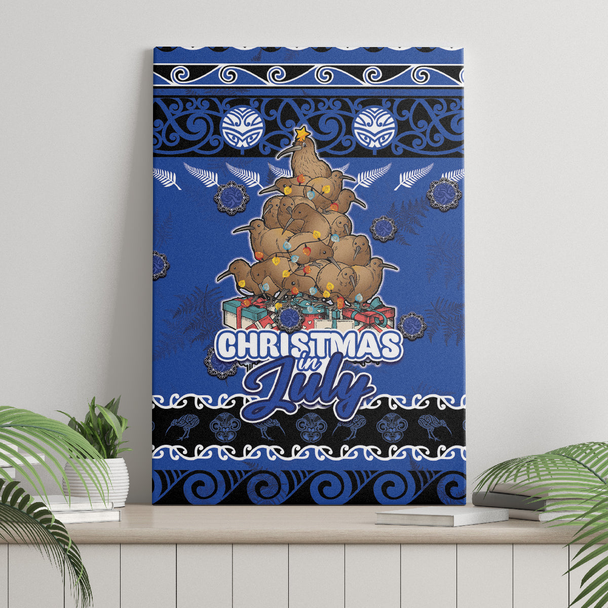 New Zealand July Christmas Canvas Wall Art Maori Kiwi Xmas Tree - Blue