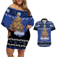 Personalised New Zealand July Christmas Couples Matching Off Shoulder Short Dress and Hawaiian Shirt Maori Kiwi Xmas Tree - Blue LT05 Blue - Polynesian Pride