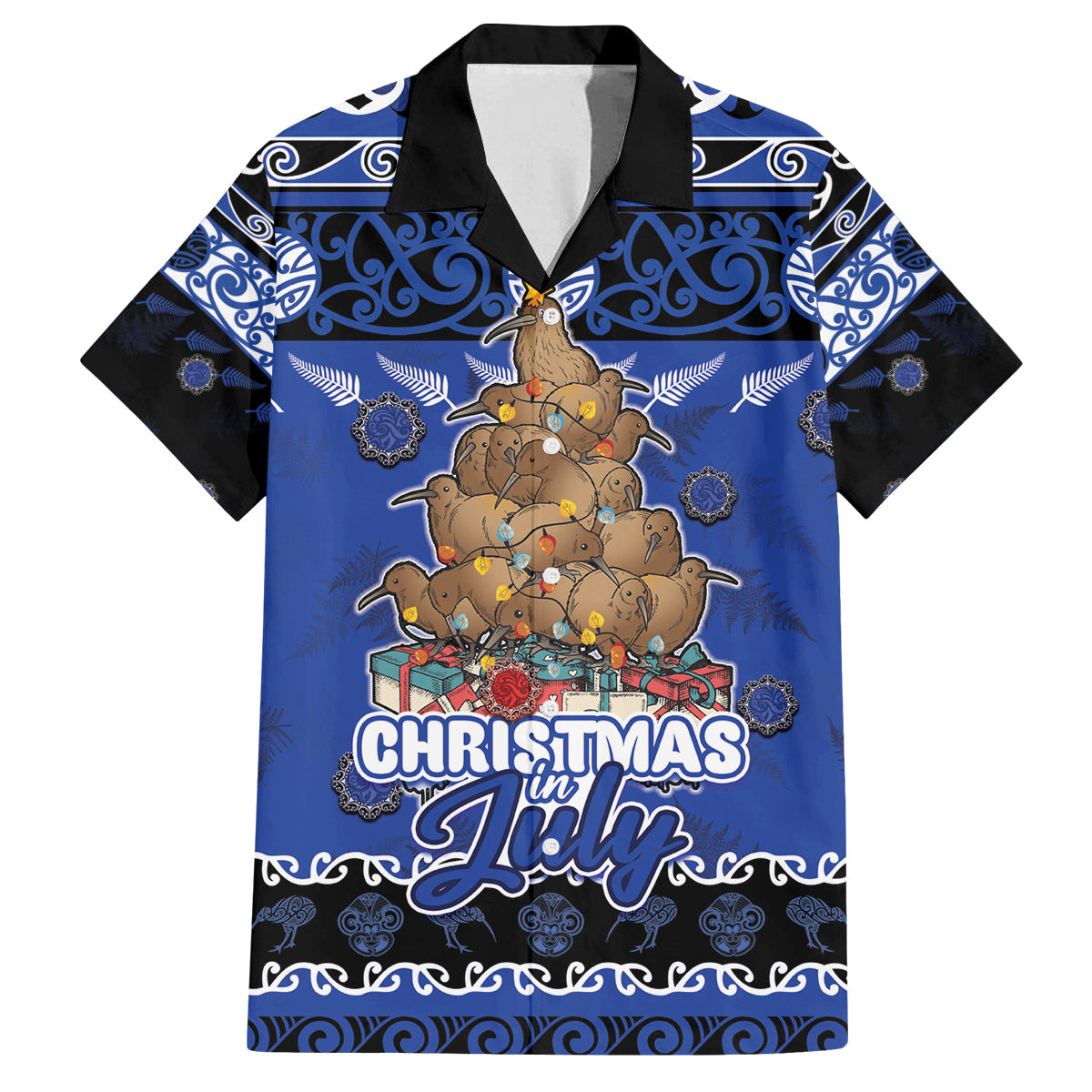 Personalised New Zealand July Christmas Family Matching Long Sleeve Bodycon Dress and Hawaiian Shirt Maori Kiwi Xmas Tree - Blue LT05 Dad's Shirt - Short Sleeve Blue - Polynesian Pride