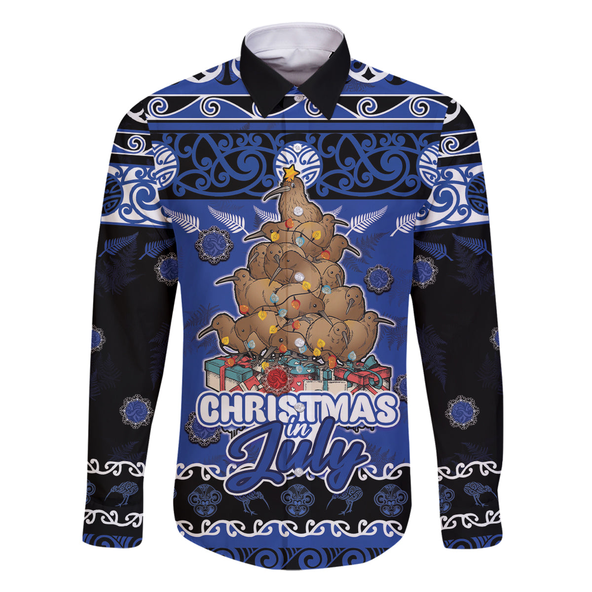 Personalised New Zealand July Christmas Family Matching Long Sleeve Bodycon Dress and Hawaiian Shirt Maori Kiwi Xmas Tree - Blue LT05 Dad's Shirt - Long Sleeve Blue - Polynesian Pride