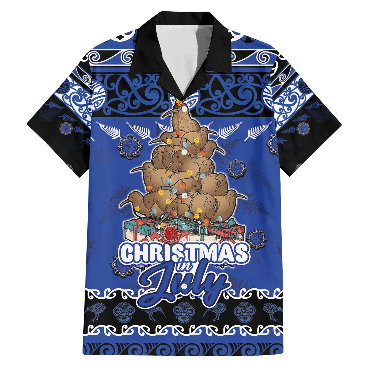 Personalised New Zealand July Christmas Family Matching Mermaid Dress and Hawaiian Shirt Maori Kiwi Xmas Tree - Blue LT05 Dad's Shirt - Short Sleeve Blue - Polynesian Pride