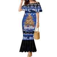 Personalised New Zealand July Christmas Family Matching Mermaid Dress and Hawaiian Shirt Maori Kiwi Xmas Tree - Blue LT05 Mom's Dress Blue - Polynesian Pride