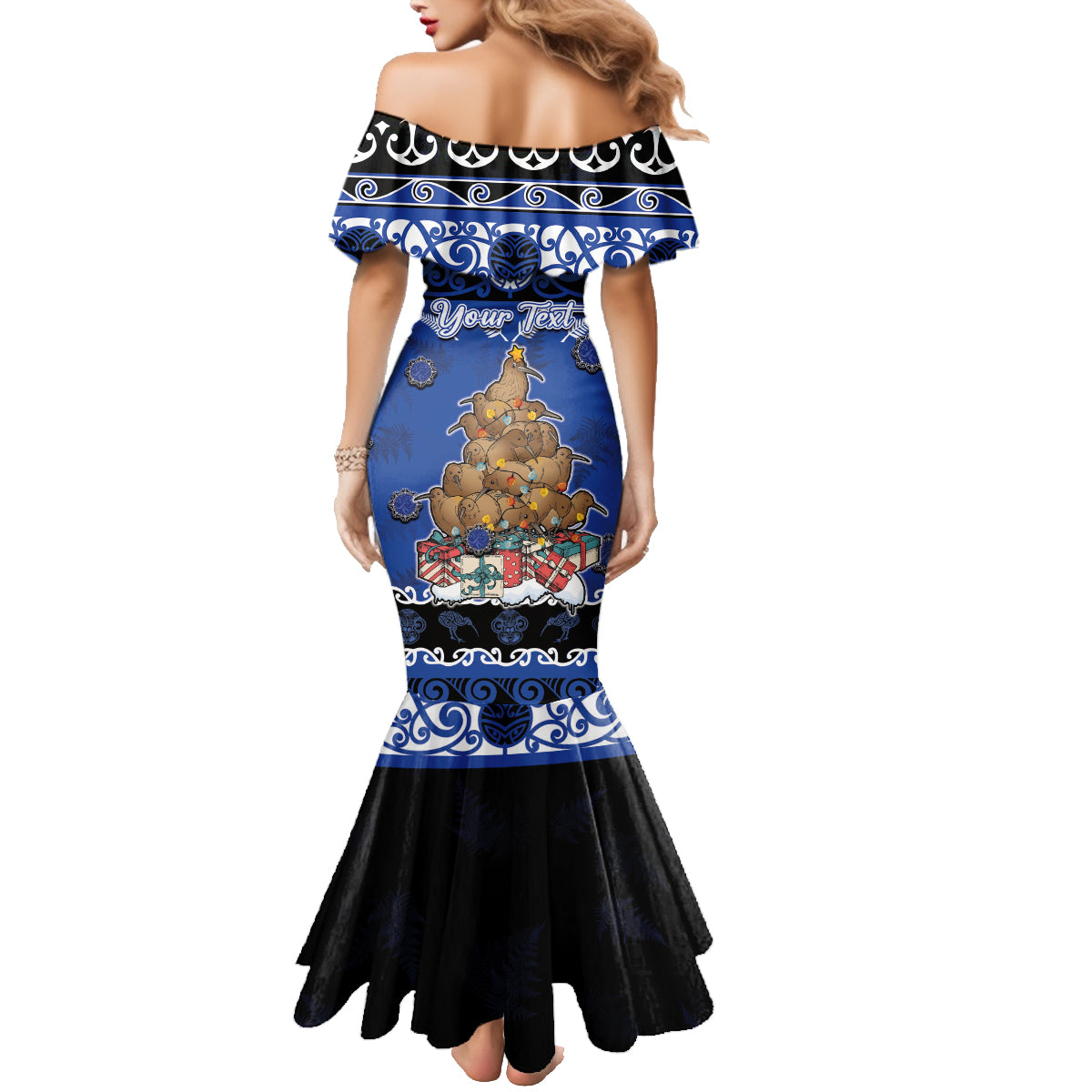 Personalised New Zealand July Christmas Family Matching Mermaid Dress and Hawaiian Shirt Maori Kiwi Xmas Tree - Blue LT05 - Polynesian Pride
