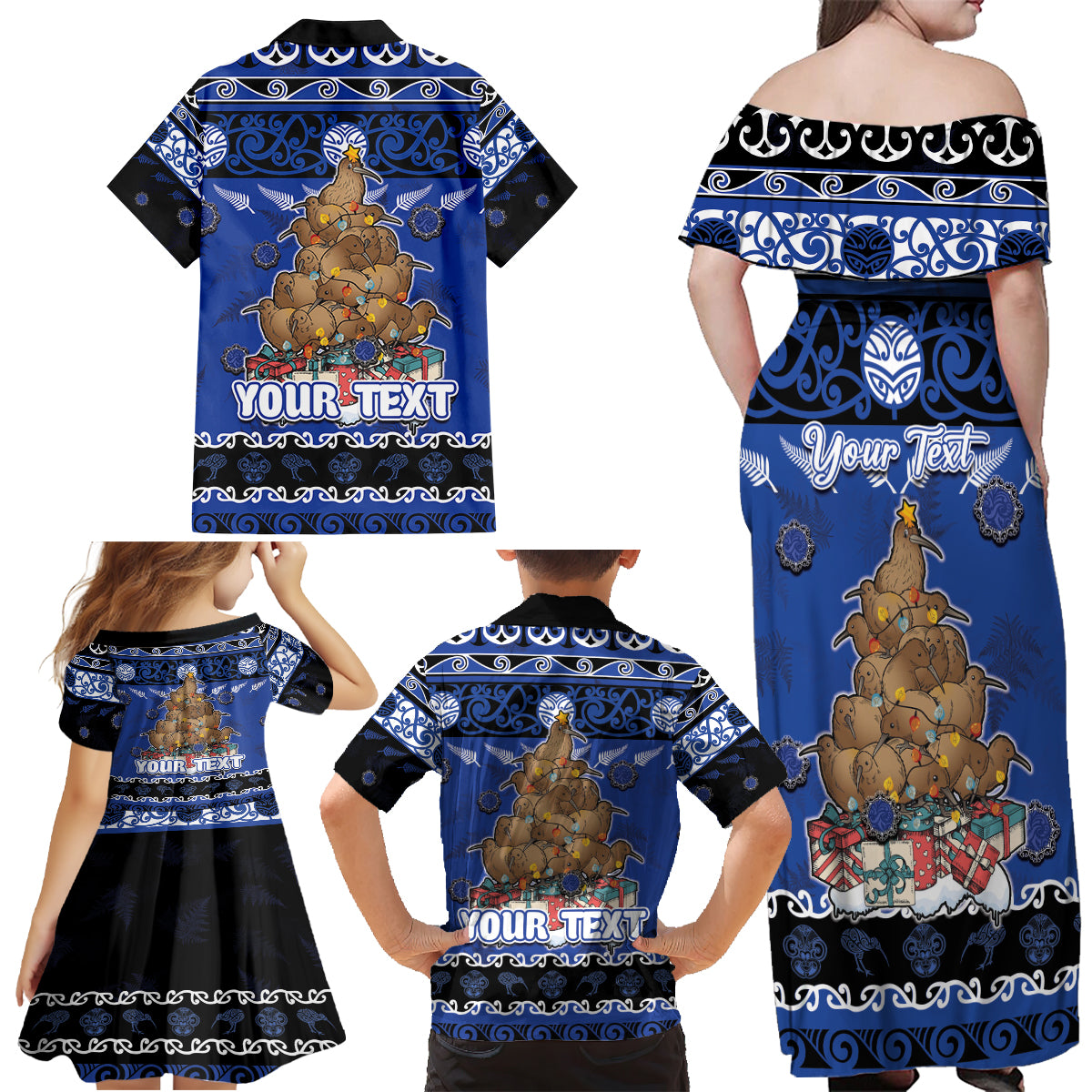 Personalised New Zealand July Christmas Family Matching Off Shoulder Maxi Dress and Hawaiian Shirt Maori Kiwi Xmas Tree - Blue LT05 - Polynesian Pride