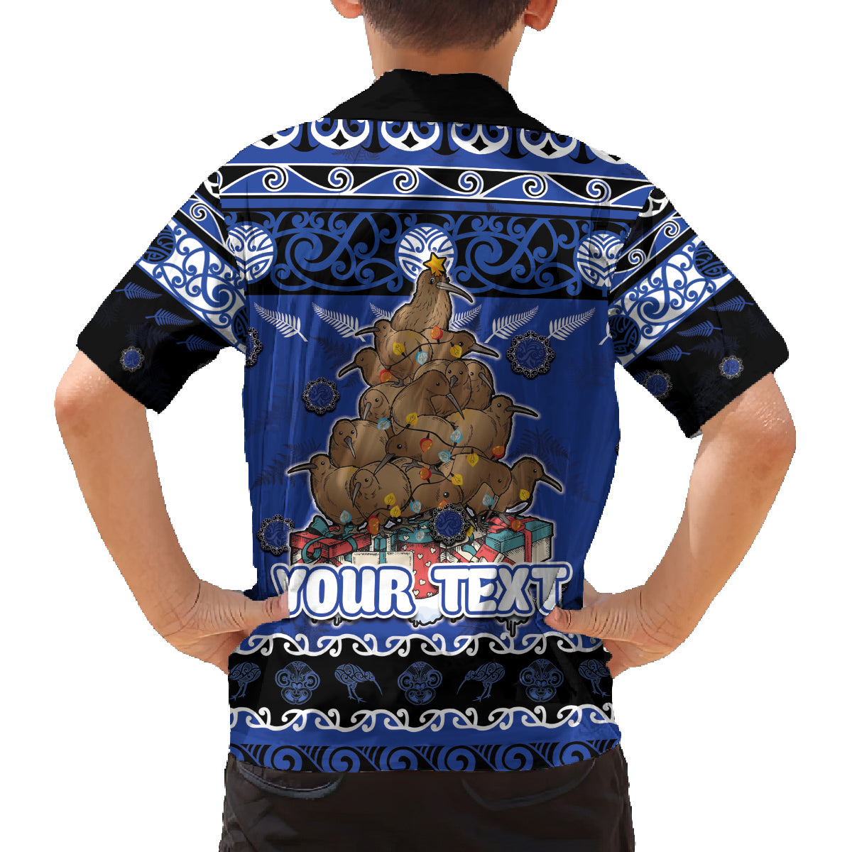 Personalised New Zealand July Christmas Family Matching Off Shoulder Short Dress and Hawaiian Shirt Maori Kiwi Xmas Tree - Blue LT05 - Polynesian Pride