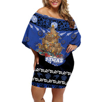 Personalised New Zealand July Christmas Family Matching Off Shoulder Short Dress and Hawaiian Shirt Maori Kiwi Xmas Tree - Blue LT05 Mom's Dress Blue - Polynesian Pride