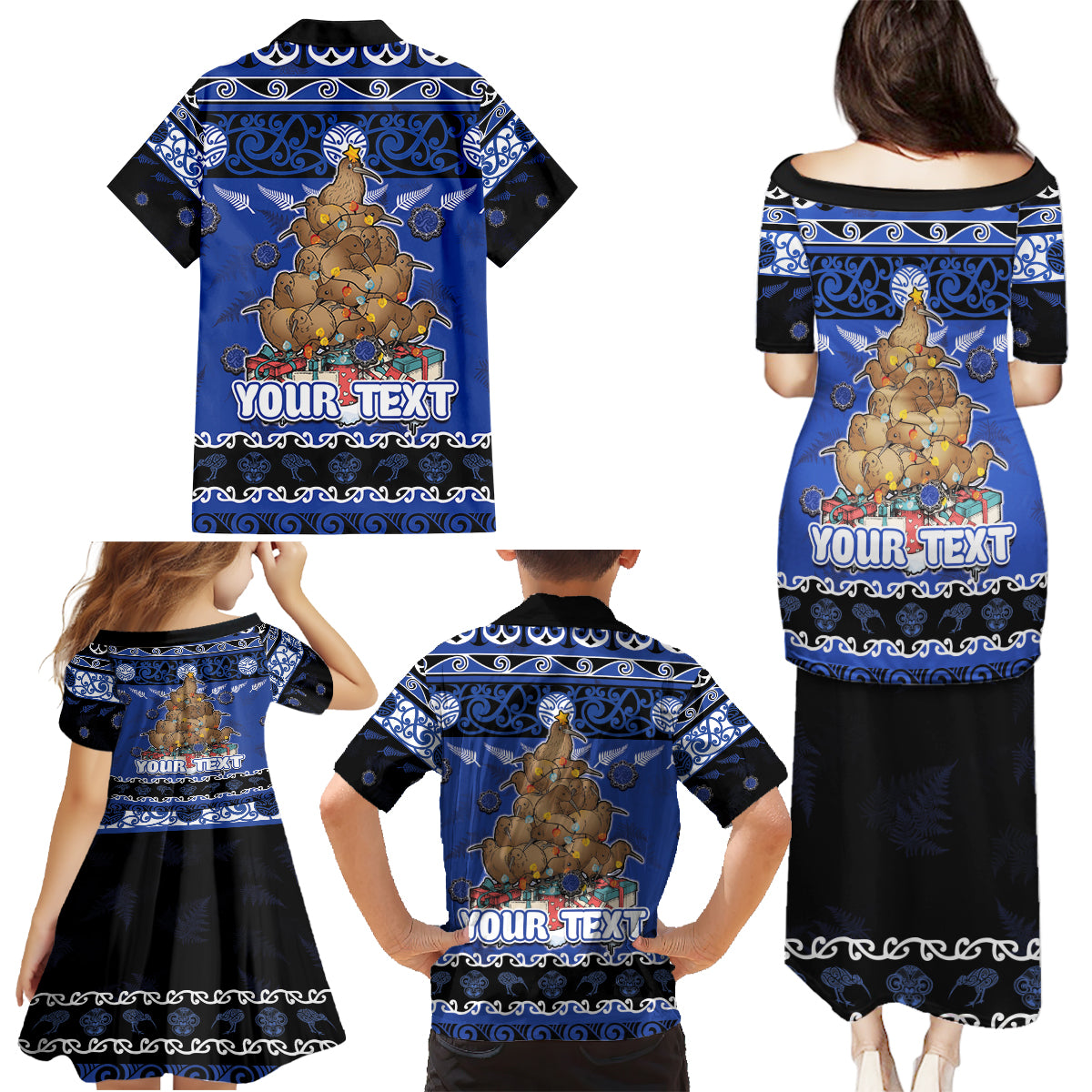 Personalised New Zealand July Christmas Family Matching Puletasi and Hawaiian Shirt Maori Kiwi Xmas Tree - Blue LT05 - Polynesian Pride