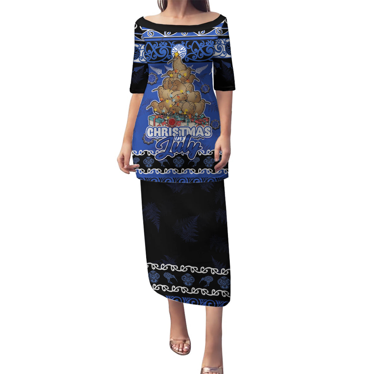 Personalised New Zealand July Christmas Family Matching Puletasi and Hawaiian Shirt Maori Kiwi Xmas Tree - Blue LT05 Mom's Dress Blue - Polynesian Pride