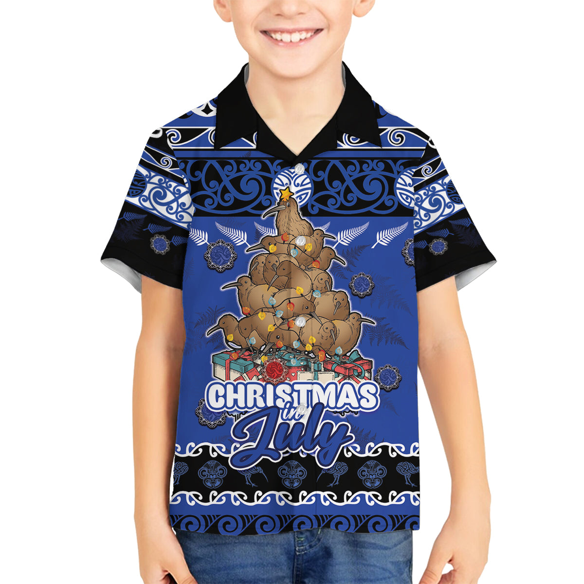 Personalised New Zealand July Christmas Family Matching Puletasi and Hawaiian Shirt Maori Kiwi Xmas Tree - Blue LT05 Son's Shirt Blue - Polynesian Pride