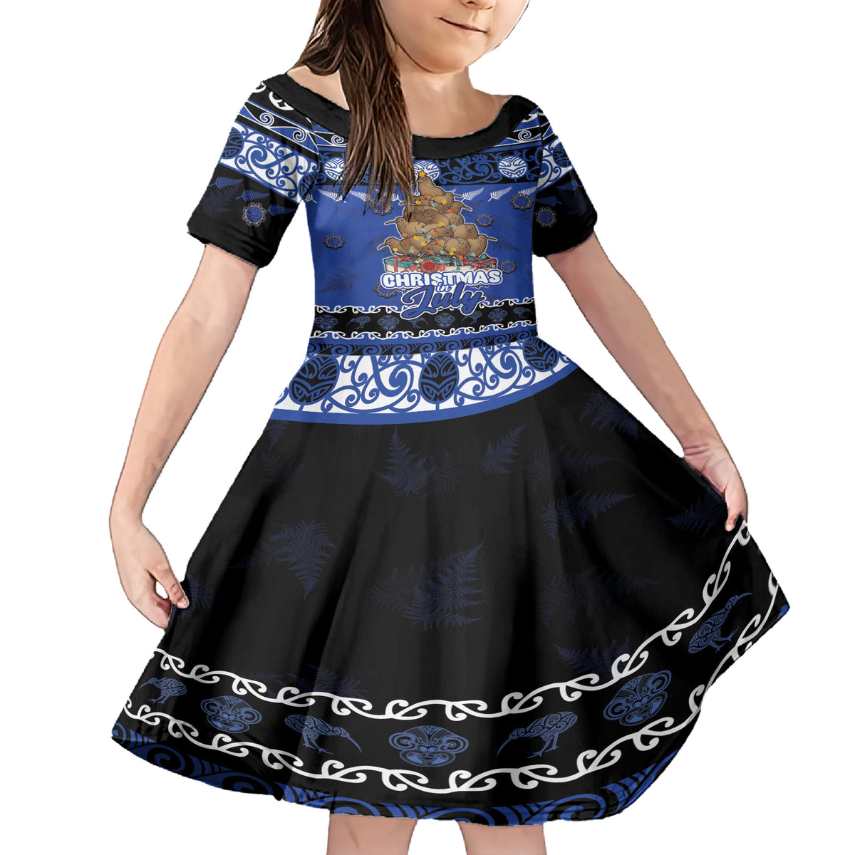 Personalised New Zealand July Christmas Family Matching Short Sleeve Bodycon Dress and Hawaiian Shirt Maori Kiwi Xmas Tree - Blue LT05 Daughter's Dress Blue - Polynesian Pride