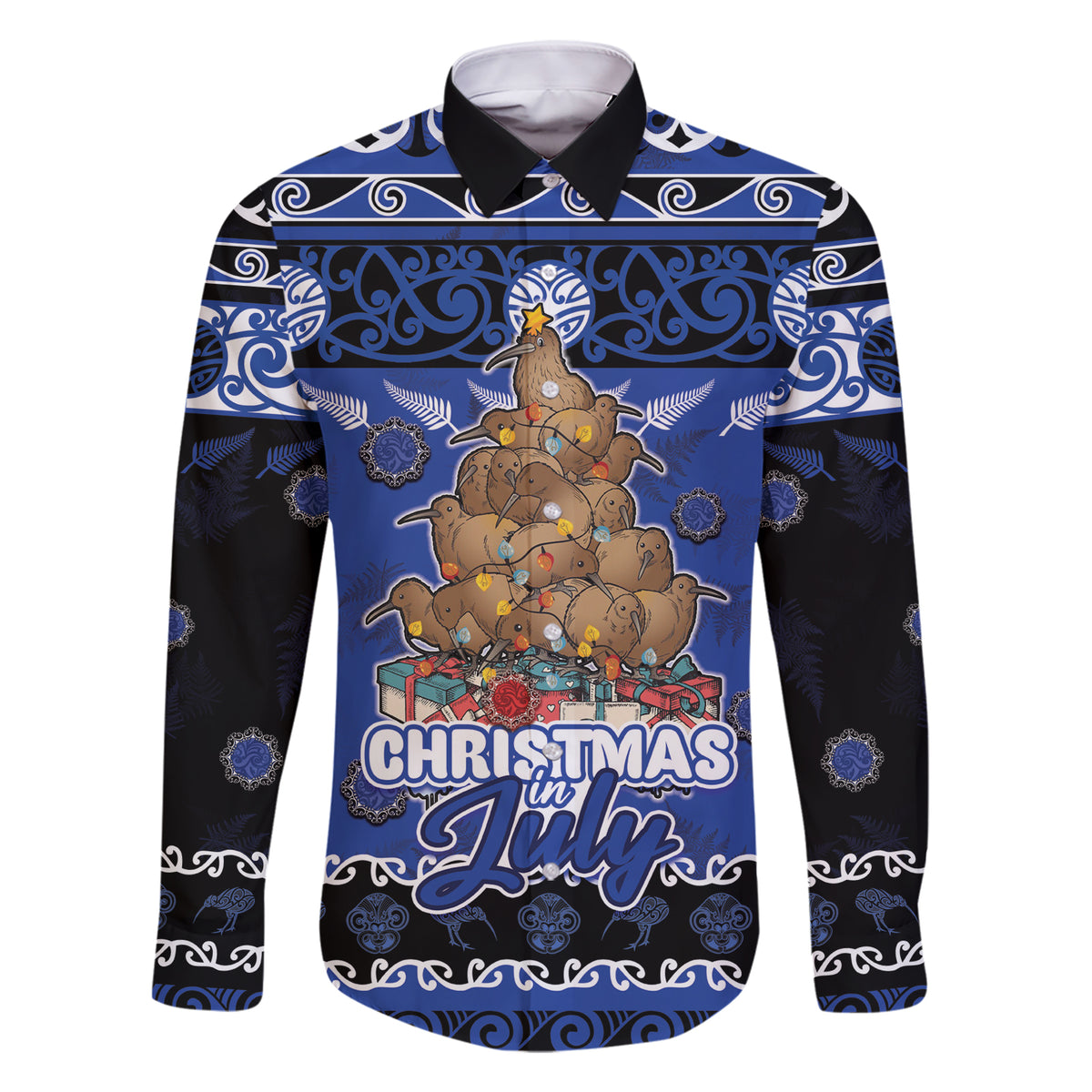 Personalised New Zealand July Christmas Family Matching Short Sleeve Bodycon Dress and Hawaiian Shirt Maori Kiwi Xmas Tree - Blue LT05 Dad's Shirt - Long Sleeve Blue - Polynesian Pride
