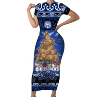 Personalised New Zealand July Christmas Family Matching Short Sleeve Bodycon Dress and Hawaiian Shirt Maori Kiwi Xmas Tree - Blue LT05 Mom's Dress Blue - Polynesian Pride