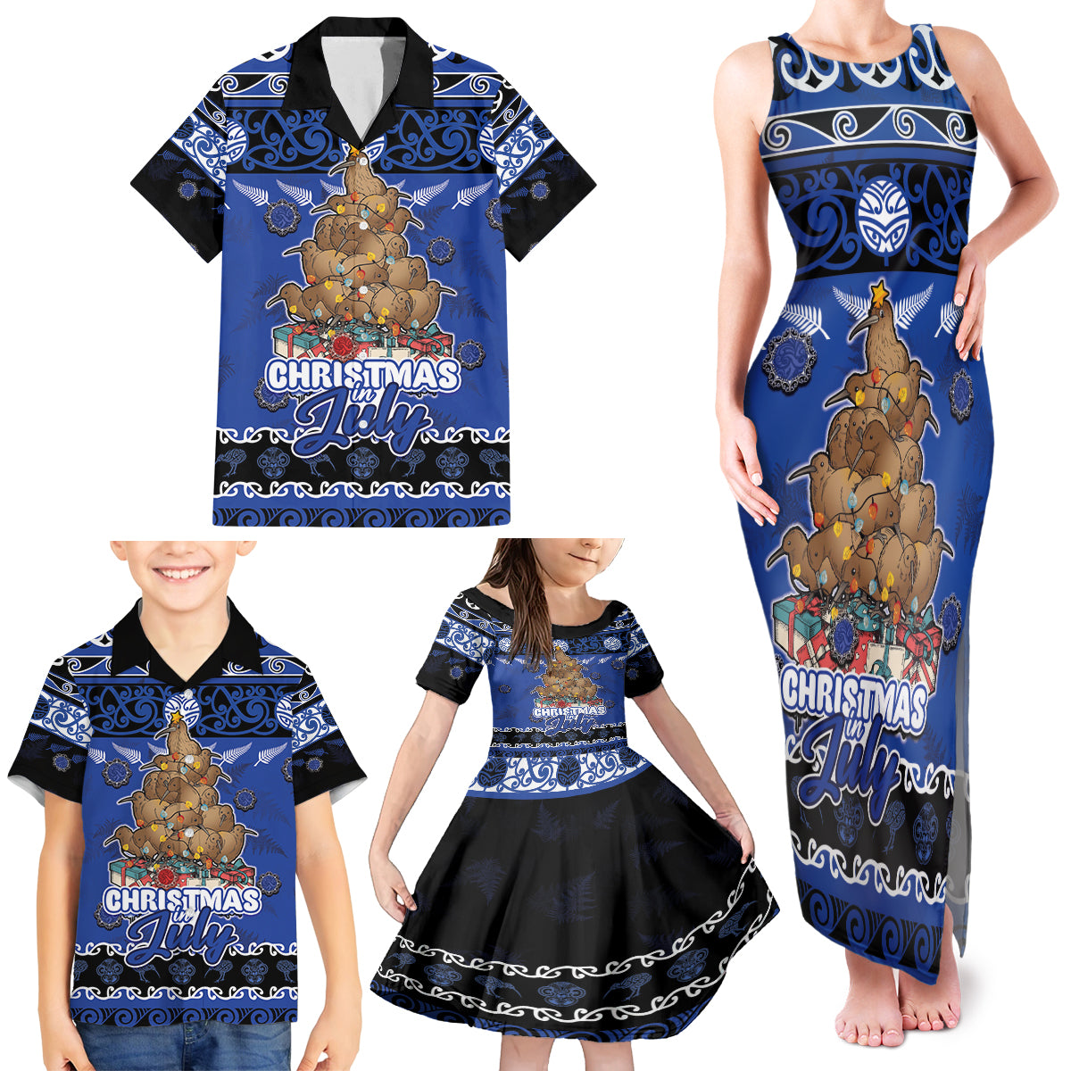 Personalised New Zealand July Christmas Family Matching Tank Maxi Dress and Hawaiian Shirt Maori Kiwi Xmas Tree - Blue LT05 - Polynesian Pride