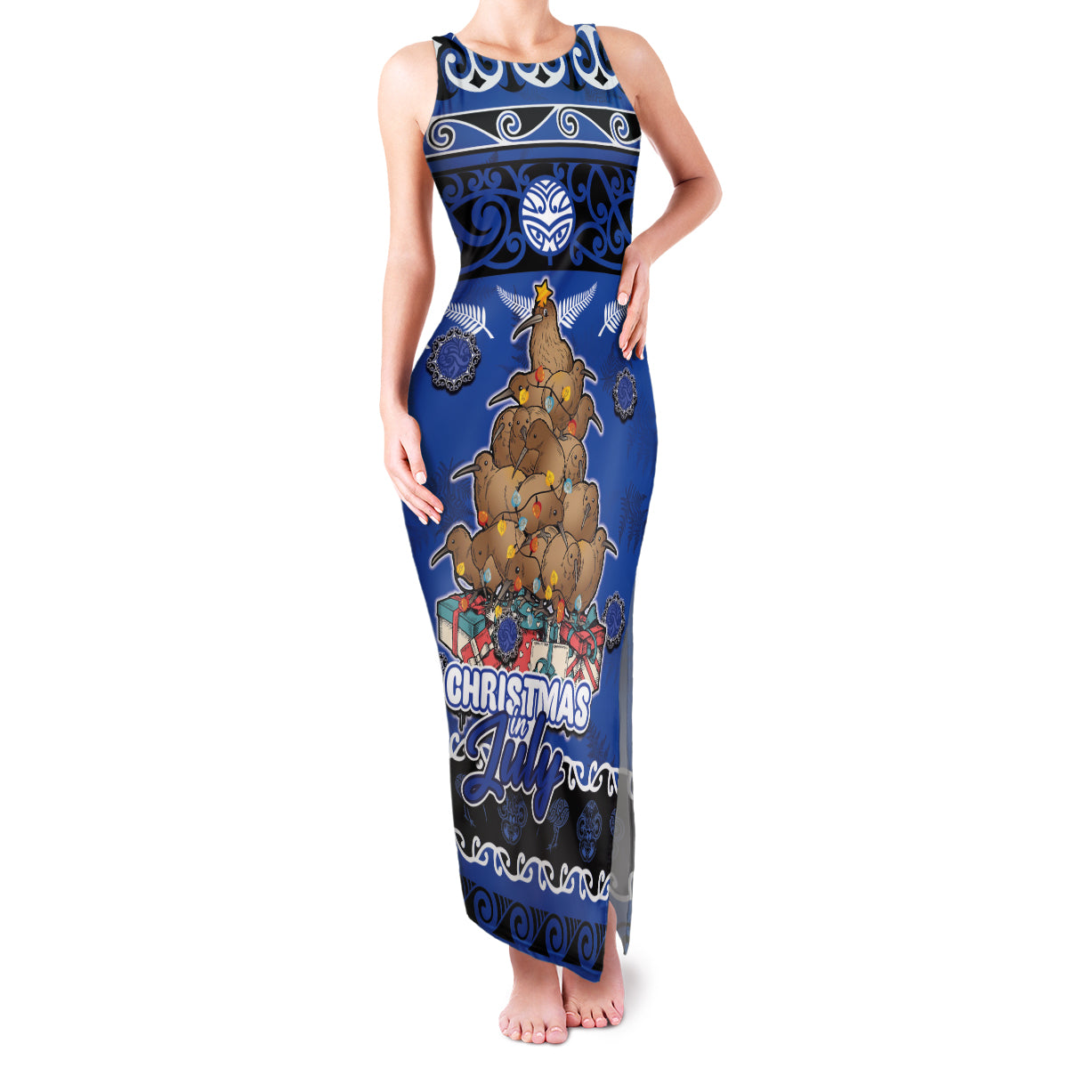 Personalised New Zealand July Christmas Family Matching Tank Maxi Dress and Hawaiian Shirt Maori Kiwi Xmas Tree - Blue LT05 Mom's Dress Blue - Polynesian Pride