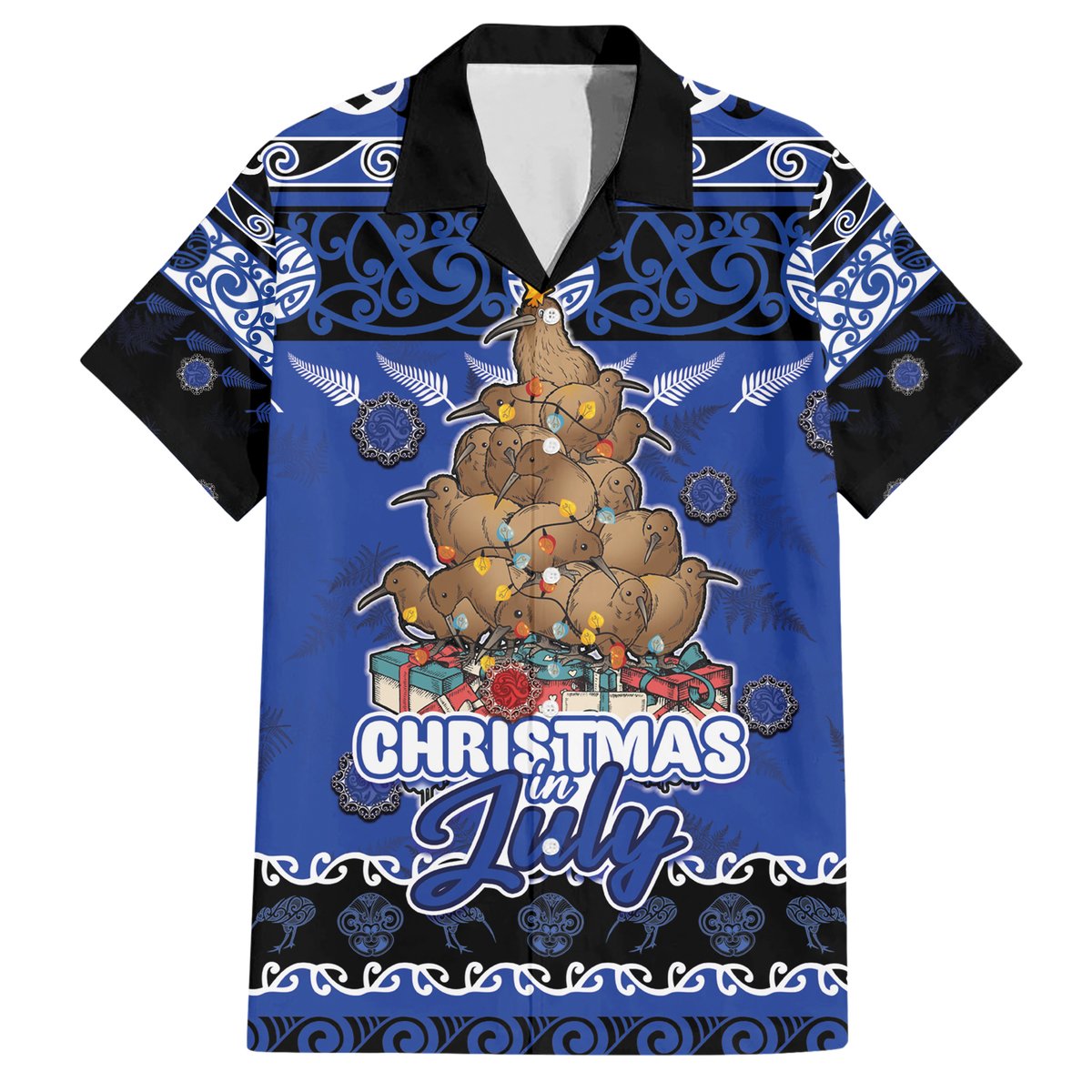 Personalised New Zealand July Christmas Hawaiian Shirt Maori Kiwi Xmas Tree - Blue LT05 Blue - Polynesian Pride