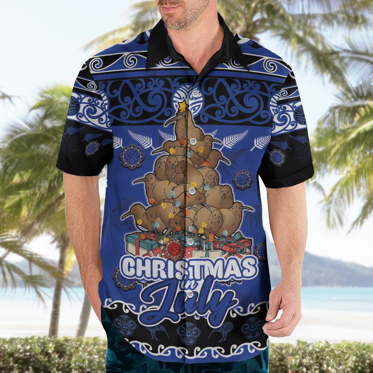 Personalised New Zealand July Christmas Hawaiian Shirt Maori Kiwi Xmas Tree - Blue LT05 - Polynesian Pride
