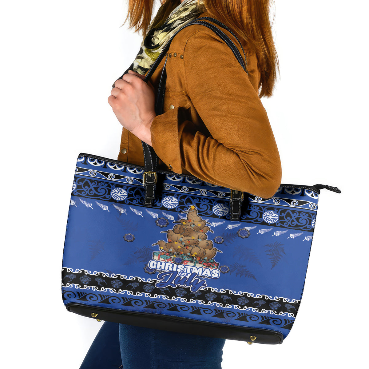 New Zealand July Christmas Leather Tote Bag Maori Kiwi Xmas Tree - Blue LT05 Blue - Polynesian Pride
