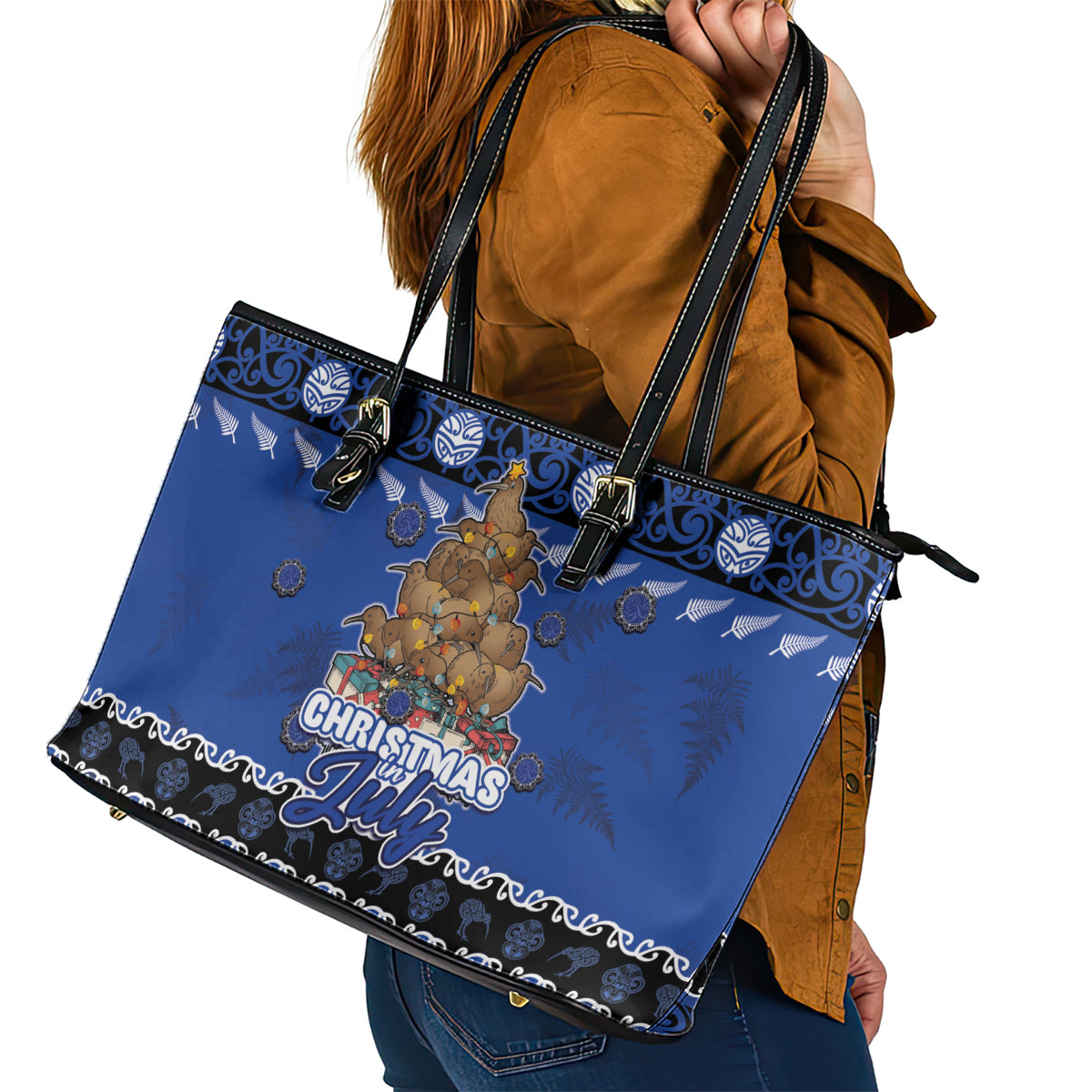 New Zealand July Christmas Leather Tote Bag Maori Kiwi Xmas Tree - Blue LT05 - Polynesian Pride