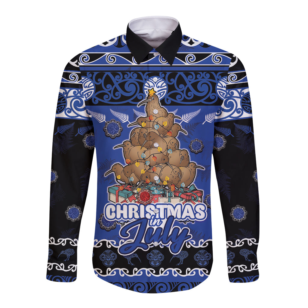 Personalised New Zealand July Christmas Long Sleeve Button Shirt Maori Kiwi Xmas Tree - Blue