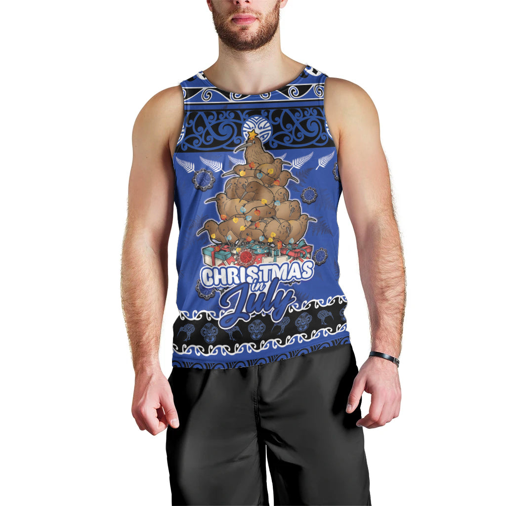 Personalised New Zealand July Christmas Men Tank Top Maori Kiwi Xmas Tree - Blue LT05 - Polynesian Pride
