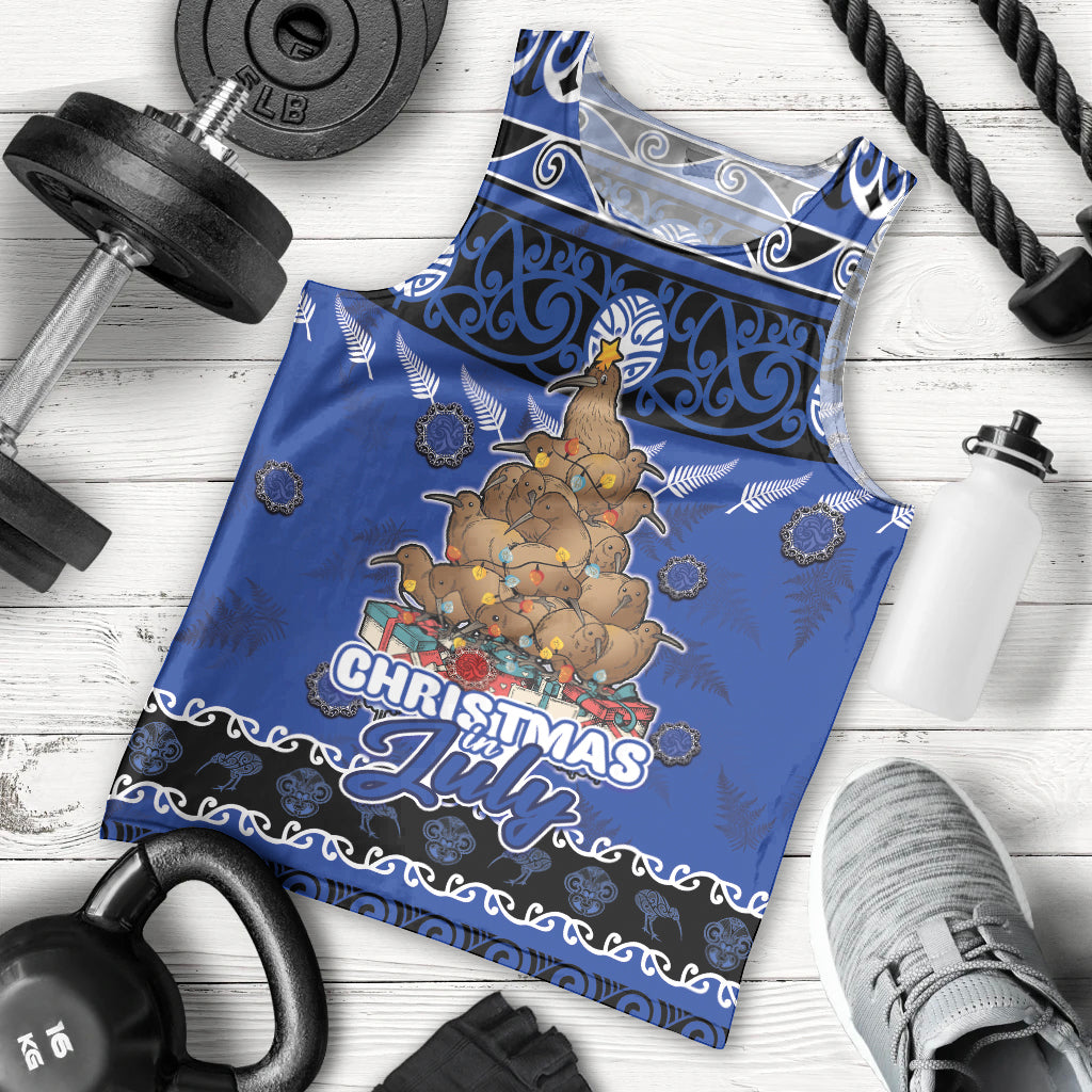 Personalised New Zealand July Christmas Men Tank Top Maori Kiwi Xmas Tree - Blue LT05 - Polynesian Pride