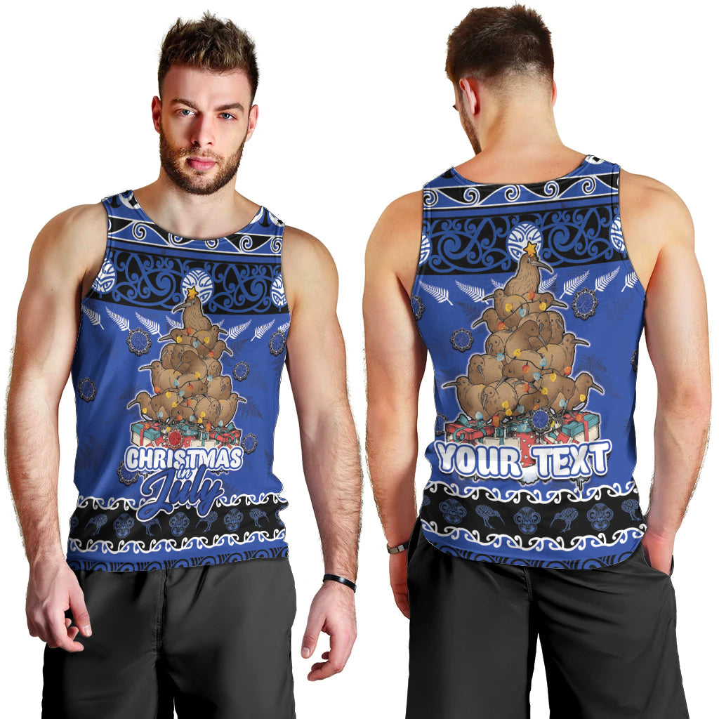 Personalised New Zealand July Christmas Men Tank Top Maori Kiwi Xmas Tree - Blue LT05 - Polynesian Pride