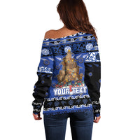 Personalised New Zealand July Christmas Off Shoulder Sweater Maori Kiwi Xmas Tree - Blue