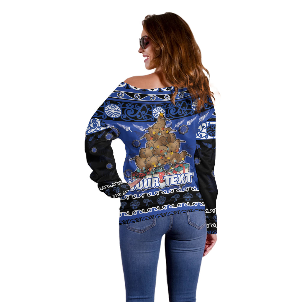 Personalised New Zealand July Christmas Off Shoulder Sweater Maori Kiwi Xmas Tree - Blue