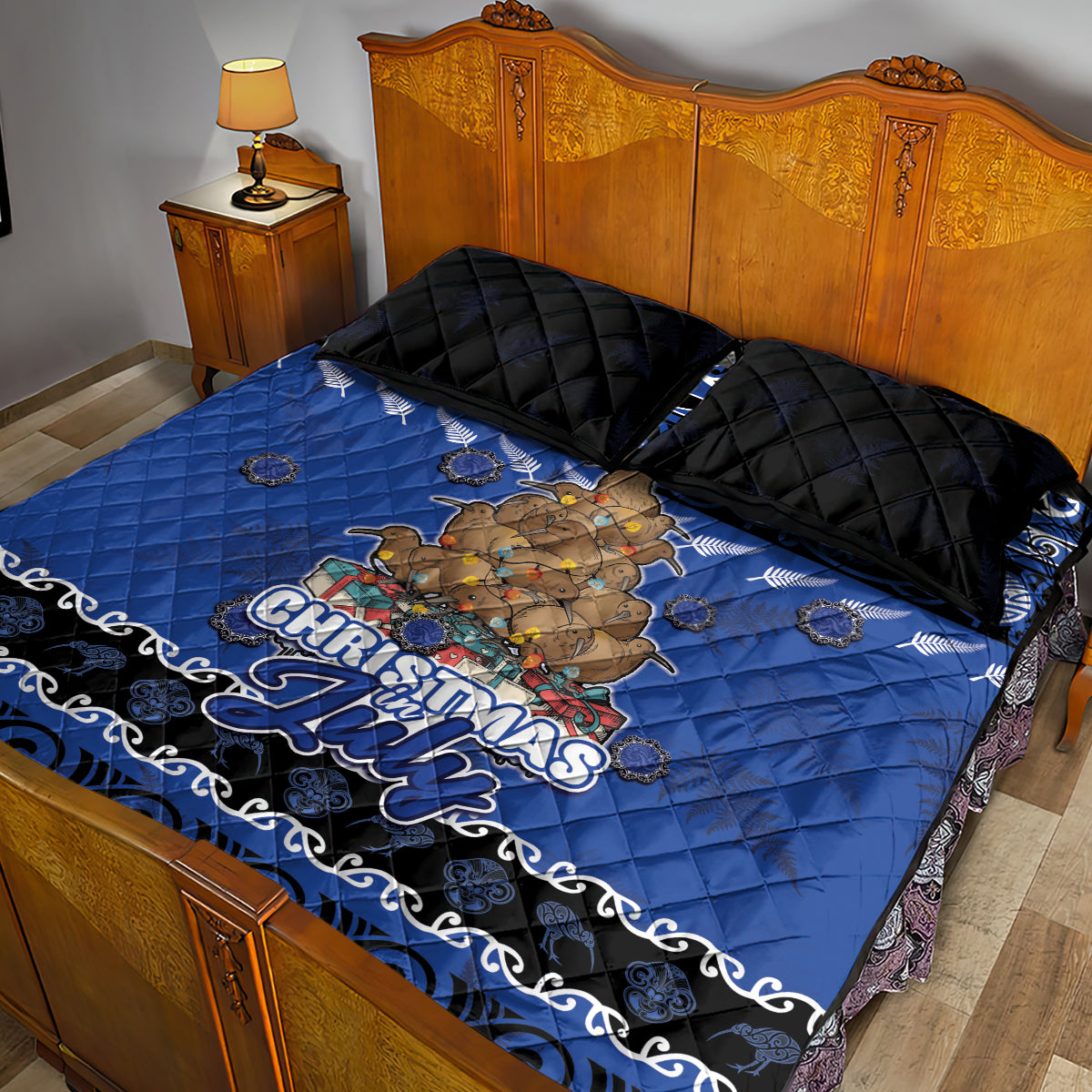 New Zealand July Christmas Quilt Bed Set Maori Kiwi Xmas Tree - Blue