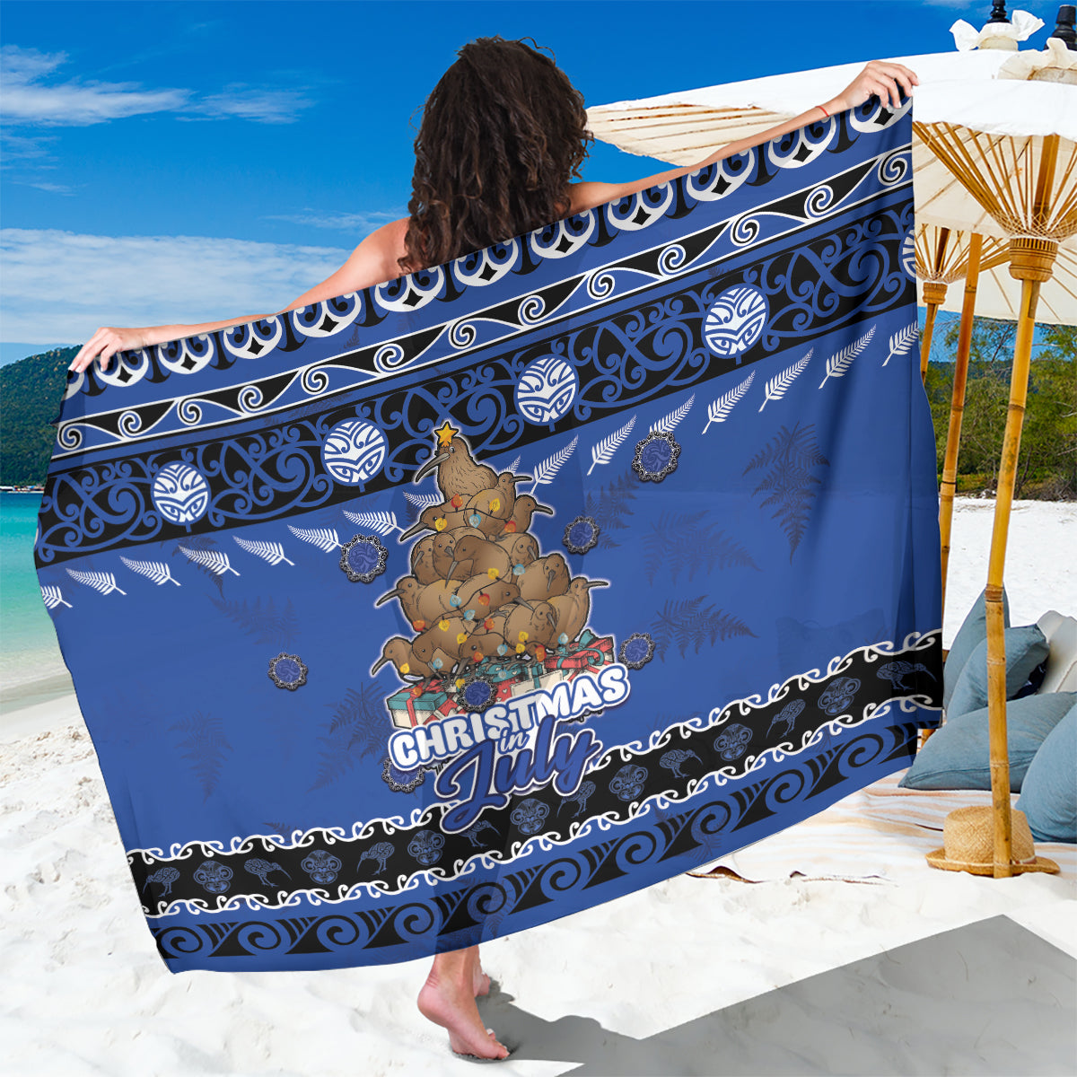 New Zealand July Christmas Sarong Maori Kiwi Xmas Tree - Blue