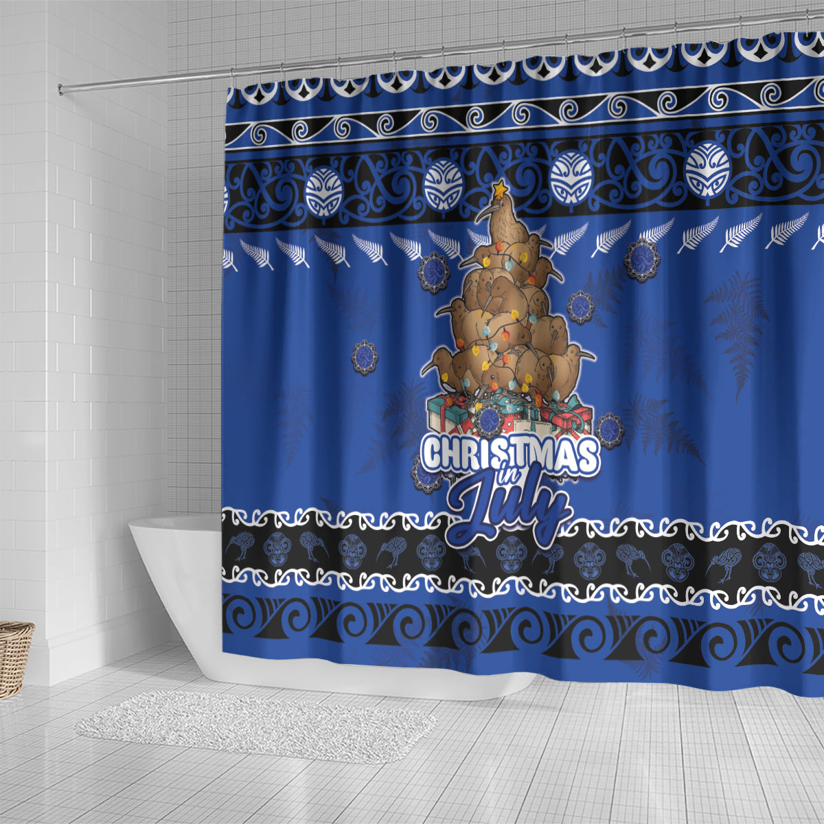 New Zealand July Christmas Shower Curtain Maori Kiwi Xmas Tree - Blue