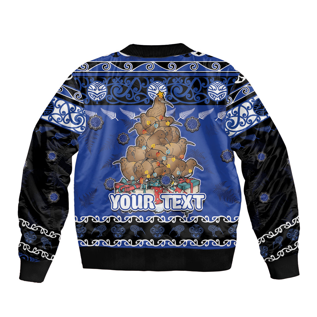 Personalised New Zealand July Christmas Sleeve Zip Bomber Jacket Maori Kiwi Xmas Tree - Blue