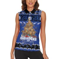 Personalised New Zealand July Christmas Women Sleeveless Polo Shirt Maori Kiwi Xmas Tree - Blue