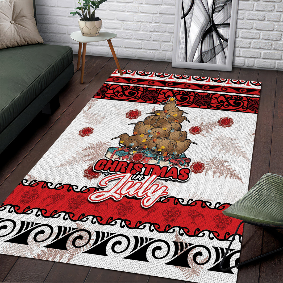 New Zealand July Christmas Area Rug Maori Kiwi Xmas Tree - White