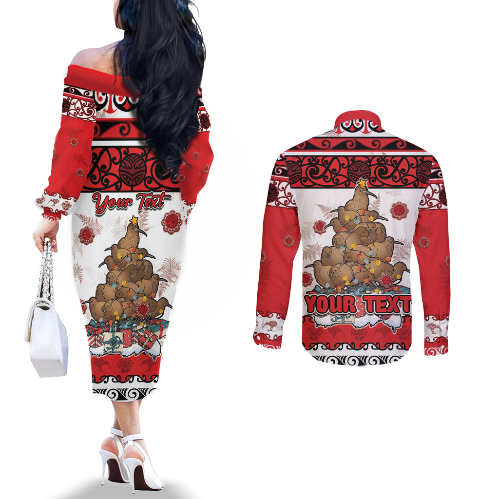 Personalised New Zealand July Christmas Couples Matching Off The Shoulder Long Sleeve Dress and Long Sleeve Button Shirt Maori Kiwi Xmas Tree - White