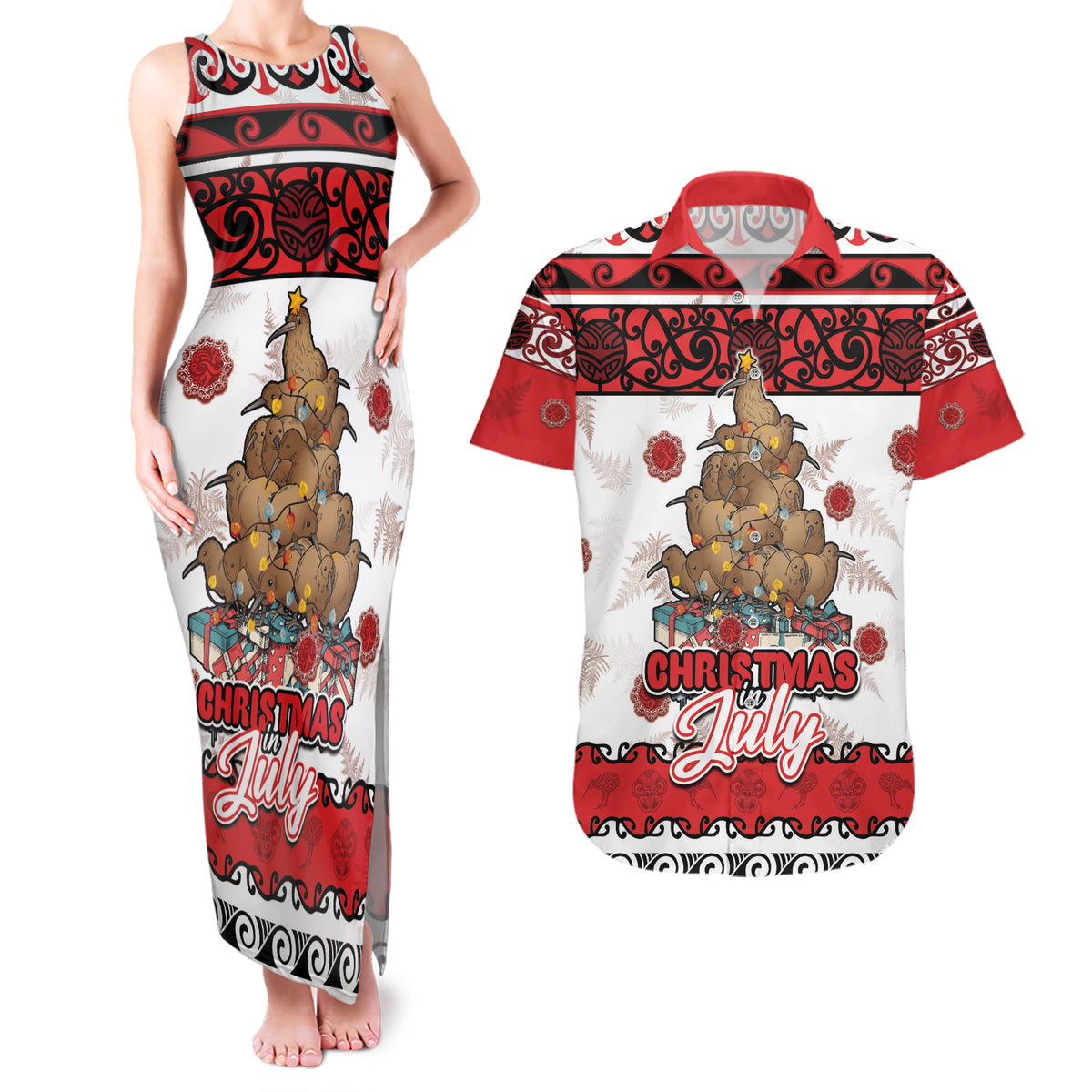 Personalised New Zealand July Christmas Couples Matching Tank Maxi Dress and Hawaiian Shirt Maori Kiwi Xmas Tree - White LT05 White - Polynesian Pride