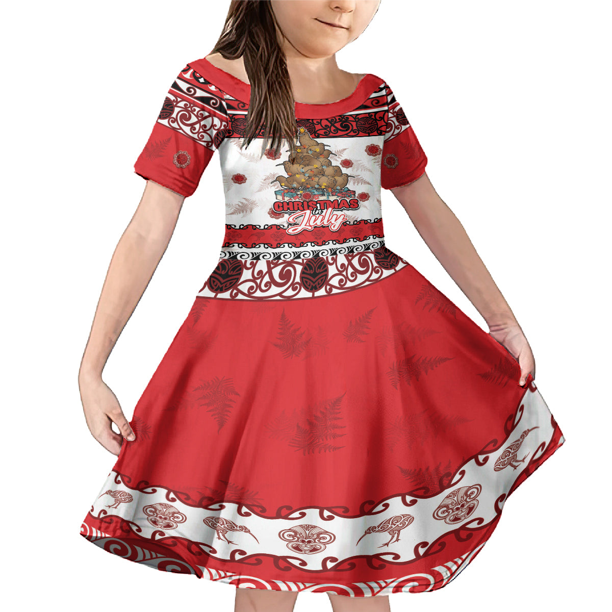 Personalised New Zealand July Christmas Family Matching Mermaid Dress and Hawaiian Shirt Maori Kiwi Xmas Tree - White LT05 Daughter's Dress White - Polynesian Pride