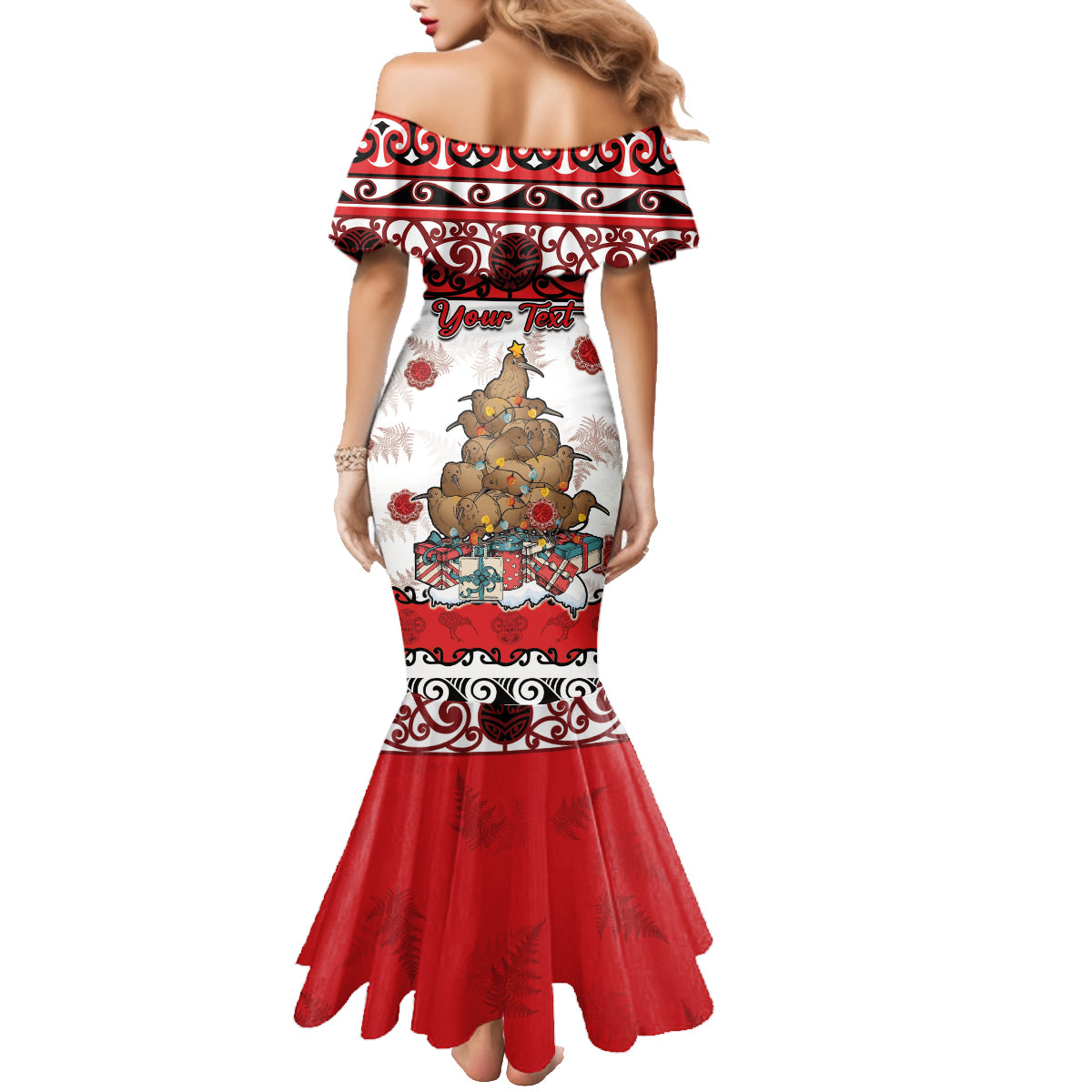 Personalised New Zealand July Christmas Family Matching Mermaid Dress and Hawaiian Shirt Maori Kiwi Xmas Tree - White LT05 - Polynesian Pride