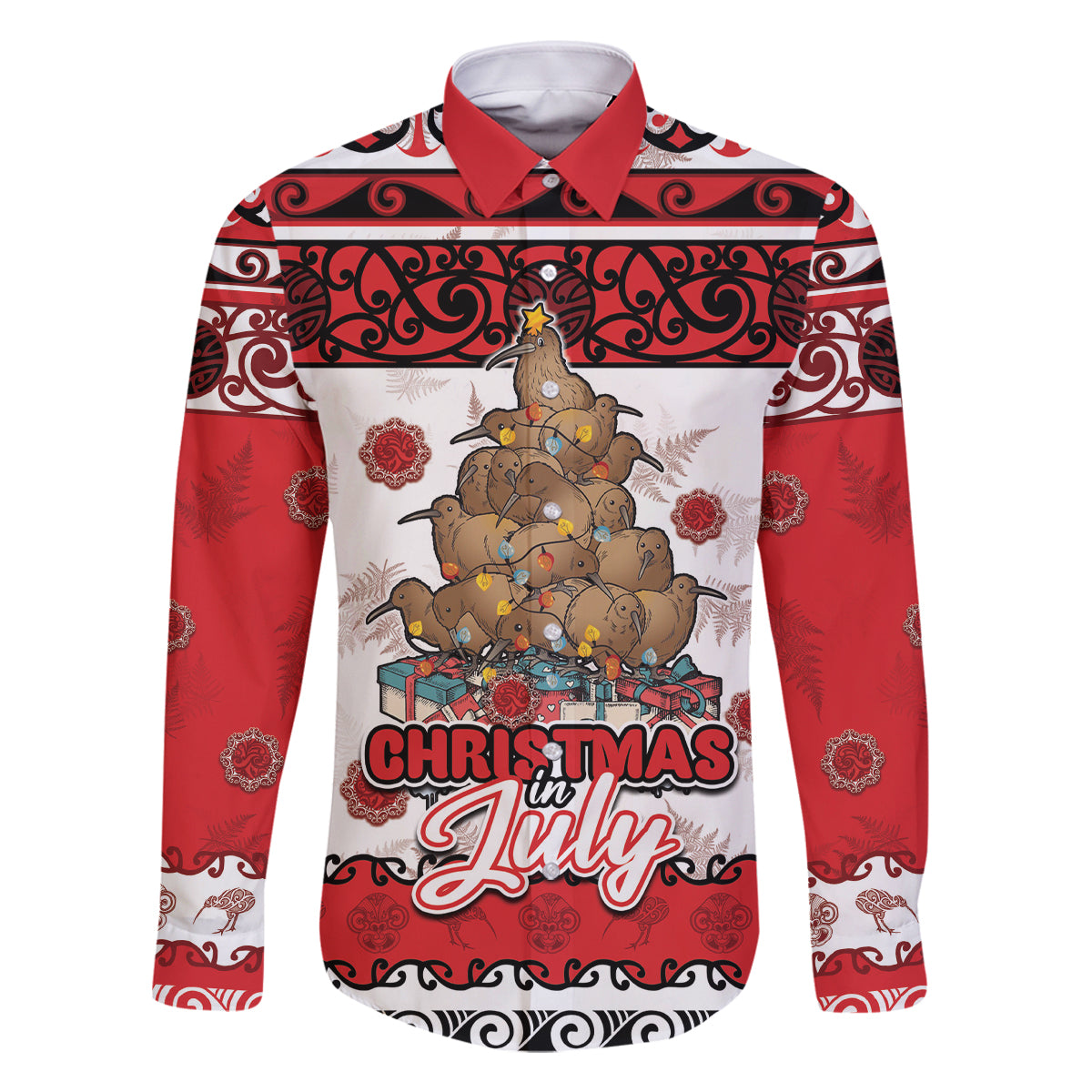 Personalised New Zealand July Christmas Family Matching Off The Shoulder Long Sleeve Dress and Hawaiian Shirt Maori Kiwi Xmas Tree - White