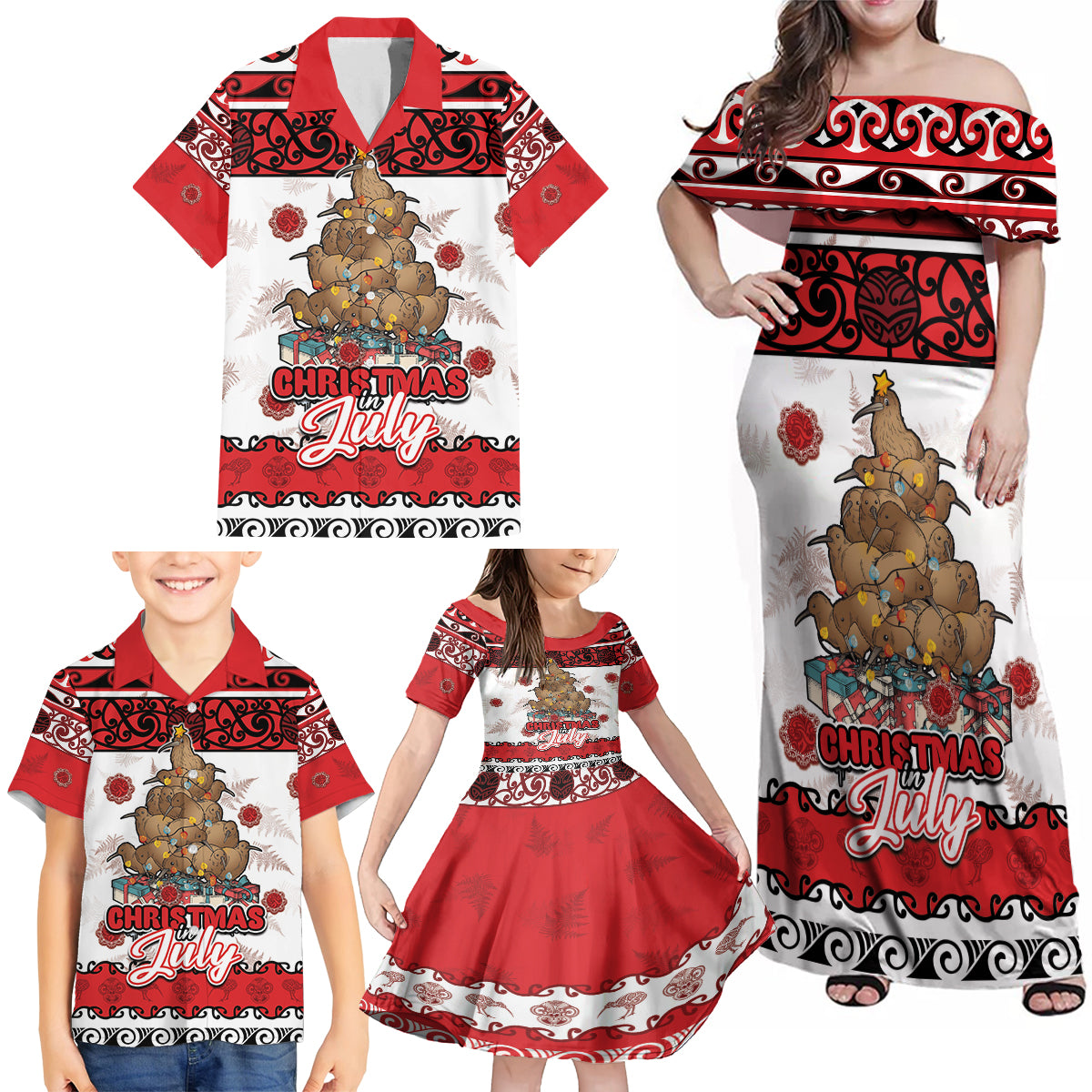 Personalised New Zealand July Christmas Family Matching Off Shoulder Maxi Dress and Hawaiian Shirt Maori Kiwi Xmas Tree - White LT05 - Polynesian Pride